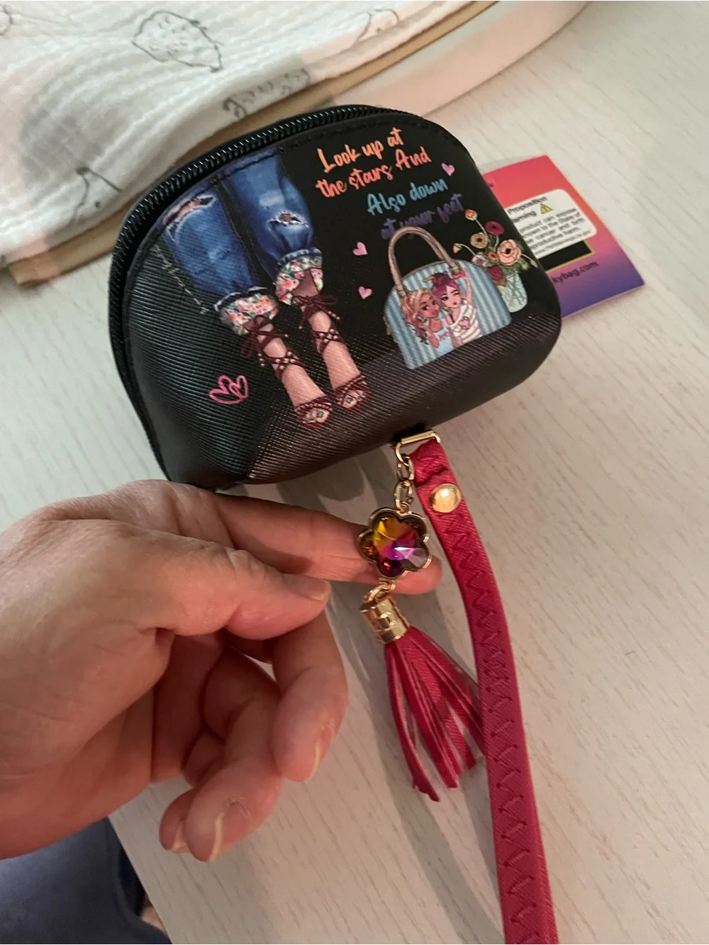 Pink Tassel Wristlet Clutch - Cute Printed Mini Bag
